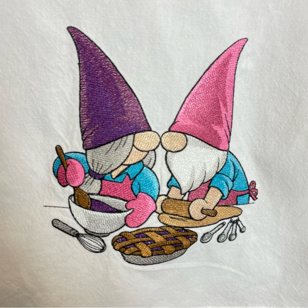 Gnome Tea Towel Kitchen Embroidery Couple Baking Flour Sack White 19.5x26.5 Hand
